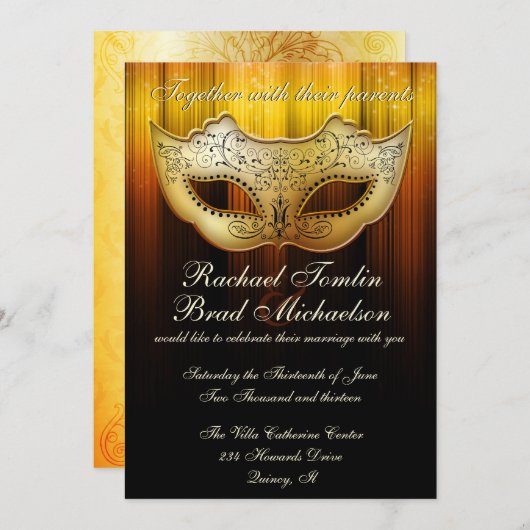 ファンシーな華麗さの金ゴールドの仮面舞踏会の結婚式の招待 招待状 (正面/裏面)