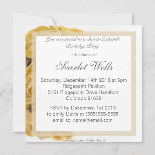 ファンシーな黄色バラのSweet sixteenの誕生会 招待状 (裏面)