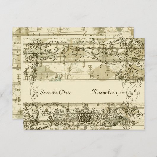 ファンシーアンティークミュージック日付の保存 案内ポストカード (正面/裏面)