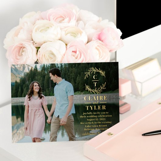 ファンシーイニシャルエレガントフォト結婚式招待状 招待状