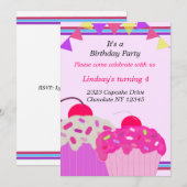 ファンシーカップケーキの誕生日パーティー招待状 招待状 (正面/裏面)