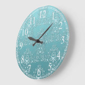 ファンシーティール(緑がかった色)アクアターコイズとホワイトダマスク ラージ壁時計 (傾斜)