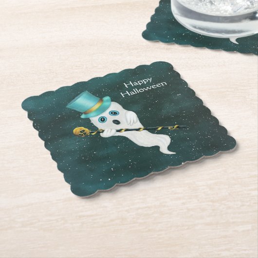 ファンシーハロウィーン幽霊とトップハット金ゴールドスカル杖 ペーパーコースター (アングル)