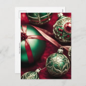 ファンシービクトリアンエレガント赤い緑のクリスマスボール シーズンポストカード (正面/裏面)