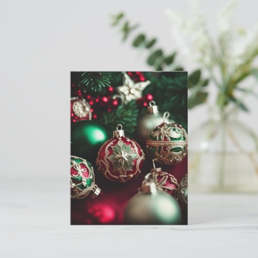 ファンシービクトリアンエレガント赤い緑のクリスマスボール シーズンポストカード (スタンド正面)