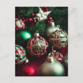 ファンシービクトリアンエレガント赤い緑のクリスマスボール シーズンポストカード (正面)