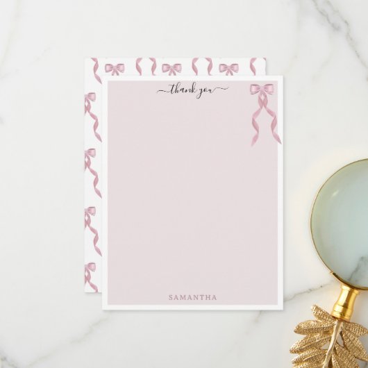 ファンシーピンクボウテーマガーリーパーソナライズされた文具 サンキューカード (正面/裏面インサイチュ)