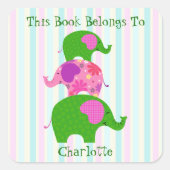 ファンシーフルグリーン&ピンクゾウ蔵書票シール スクエアシール (正面)