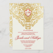 ファンシーフローリズゴールデンインディアンアラビア結婚語 招待状 (正面/裏面)
