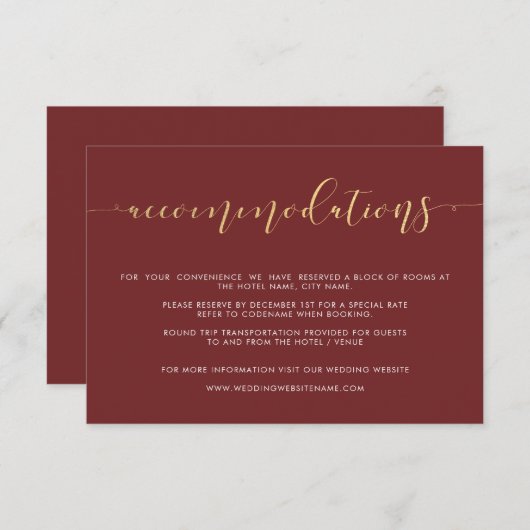 ファンシーブルゴーニュと金ゴールド結婚の宿泊カード エンクロージャーカード (正面/裏面)