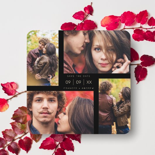 ファンシーモダン4枚の写真コラージュのミニマル結婚リスト セーブザデート