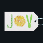 ファンシーモダンChristmas JOYタイポグラフィ ギフトタグ<br><div class="desc">グリーンクリスマスJOYタイポグラフィスクリプトのギフトラベルキャンディーケーン、柑橘類のオレンジと黄色のレモンと水の色の白い背景にシンプルスプラッシュ。背中に自分の名前/名前を付けてパーソナライズ。クリスマスインスパイアの贈り物にパーソナライズされたはラベルを作る。</div>