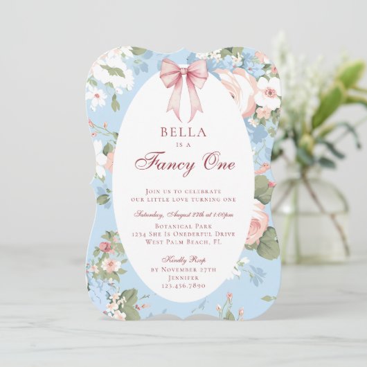ファンシーワンピンクブルーボウフローラ1st誕生日 招待状 (スタンド正面)