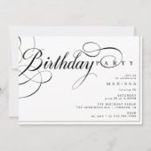ファンシーヴィンテージ書道の白黒誕生日 招待状 (正面)