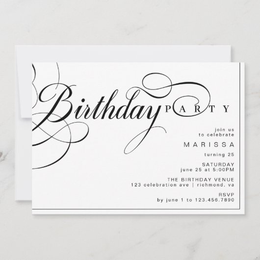 ファンシーヴィンテージ書道の白黒誕生日 招待状 (正面)