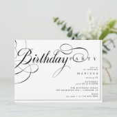ファンシーヴィンテージ書道の白黒誕生日 招待状 (スタンド正面)