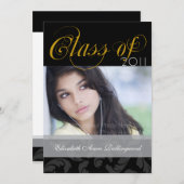 ファンシー文字卒業:黒と金ゴールド 招待状 (正面/裏面)