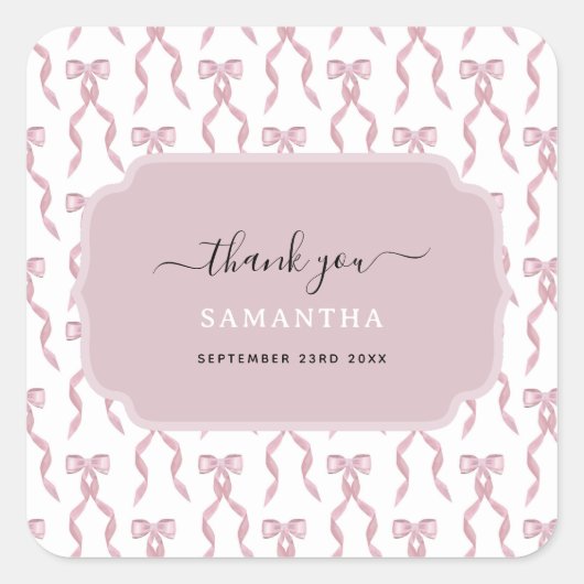 ファンシー水彩ピンク弓パターン スクエアシール (正面)