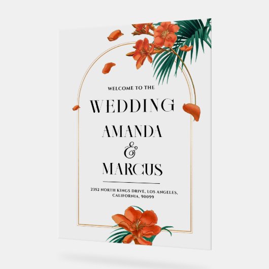 ファンシー熱帯の花結婚の歓迎 アクリルサイン (傾斜)