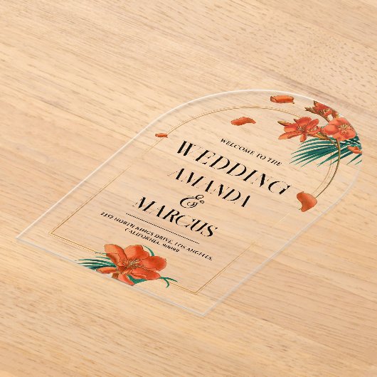 ファンシー熱帯の花結婚の歓迎 アクリル招待状 (レイダウン)