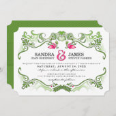 ファンシー縁どフローラ-ピンク&グリーンウェディングの招待 招待状 (正面/裏面)