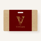 ファンシー金ゴールドレターVモノグラム赤と厚紙 バッジ (正面)