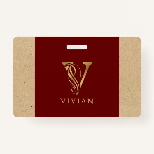 ファンシー金ゴールドレターVモノグラム赤と厚紙 バッジ (正面)