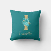 ファンシー金ゴールド&アクアフローラレターI装飾用クッション クッション (正面)