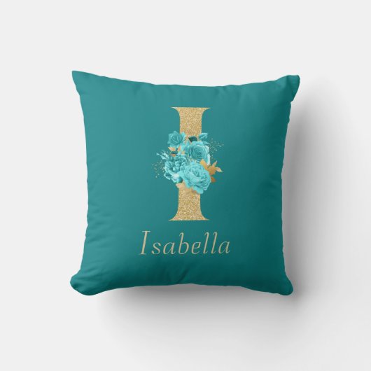 ファンシー金ゴールド&アクアフローラレターI装飾用クッション クッション (正面)