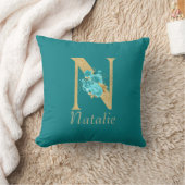 ファンシー金ゴールド&アクアフローラレターN装飾用クッション クッション (ブランケット)