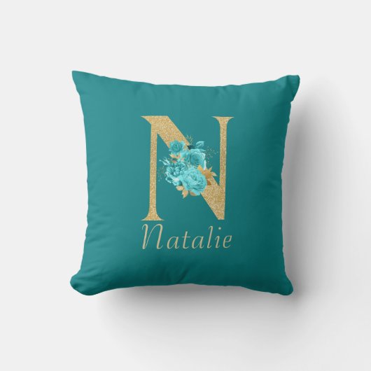 ファンシー金ゴールド&アクアフローラレターN装飾用クッション クッション (正面)