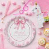 ファンシー1ピンクコケットボウファースト誕生日 ペーパープレート (パーティー)