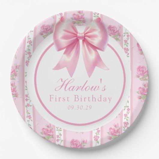 ファンシー1ピンクコケットボウファースト誕生日 ペーパープレート (正面)