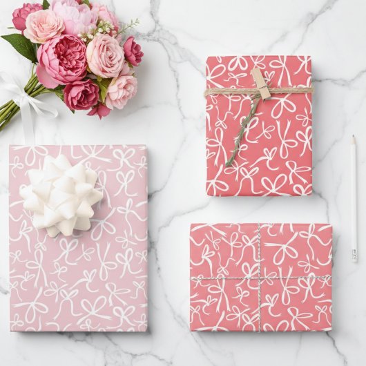 ファンシー かわいい ピンク 白 リボン柄 ガーリー ギフト ラッピングペーパーシート