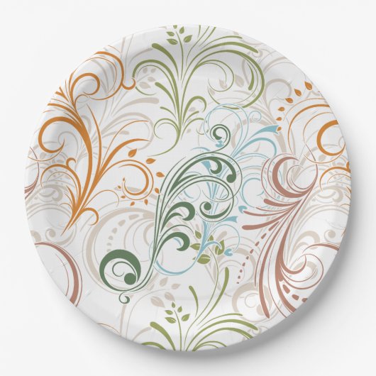 ファンシー カラフル フローラル スワール ペーパープレート (正面)