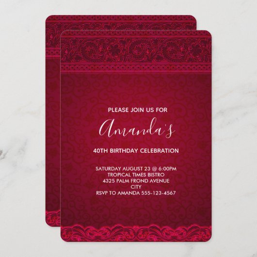 ファンシー&赤エレガント抽象芸術誕生日 招待状 (正面/裏面)