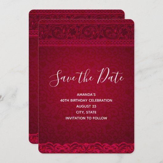 ファンシー&赤エレガント背景のスタイリッシュ誕生日 セーブザデート (正面/裏面)