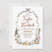 ファンタジックでおしゃれな手描きのドゥードル 秋の結婚式 招待状 (正面)