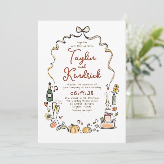 ファンタジックでおしゃれな手描きのドゥードル 秋の結婚式 招待状 (スタンド正面)