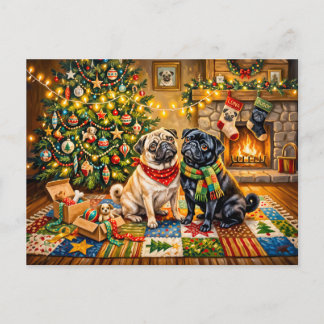 ファンタジックなクリスマスコテージモップス犬のイラスト ポストカード