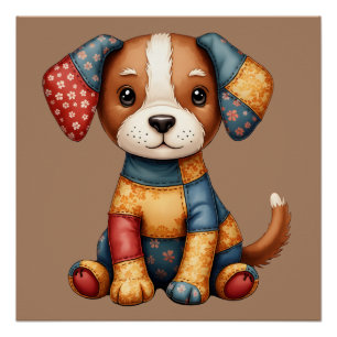 ファンタジックなパッチワークの仔犬 フォークアート カントリーロア ポスター