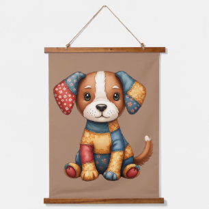 ファンタジックなパッチワークの仔犬 フォークアート カントリーロア 吊り下げ型タペストリー