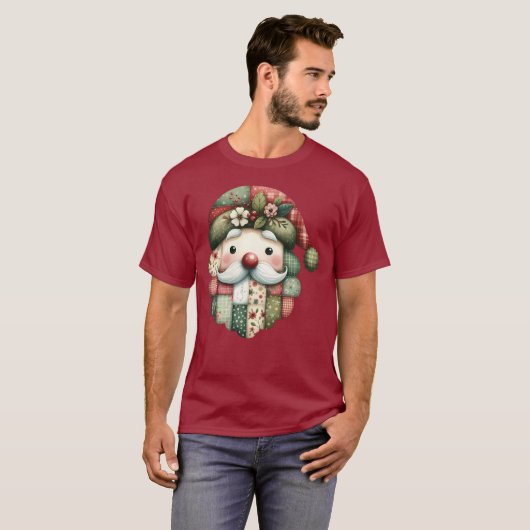 ファンタジックなパッチワークサンタのフォークロアクリスマス Tシャツ (正面フル)