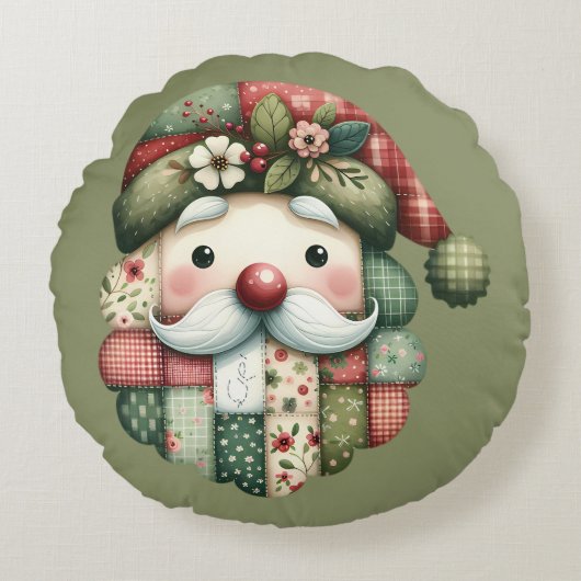 ファンタジックなパッチワーク サンタ フォーク クリスマス ラウンドクッション (正面)