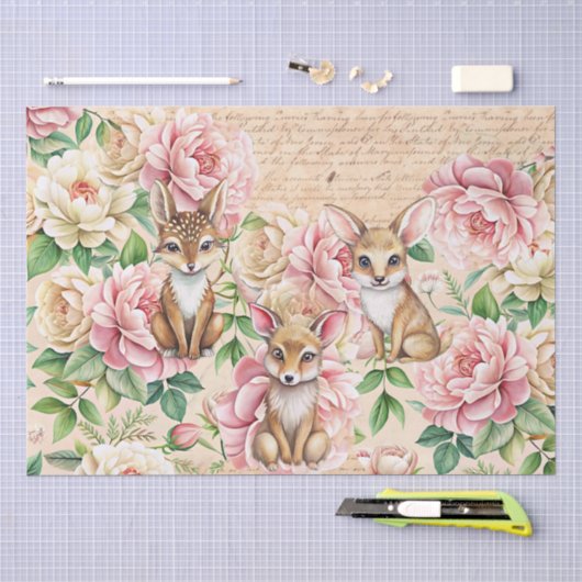 ファンタジックなビンテージ風の花と動物のデコパージュ 薄葉紙 (クラフト)
