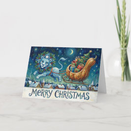 ファンタジックなライオンが雪そりを引きクリスマスカード カード