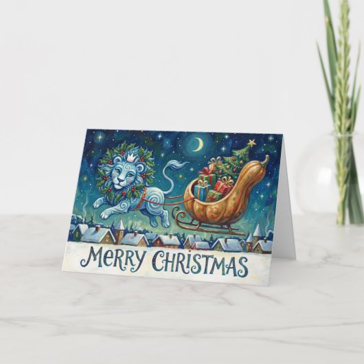 ファンタジックなライオンが雪そりを引きクリスマスカード カード (正面)
