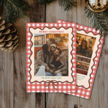 ファンタジックなリボンの赤いギンガムチェックの家族写真クリスマス