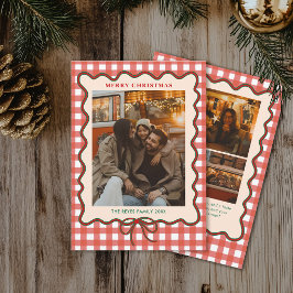 ファンタジックなリボンの赤いギンガムチェックの家族写真クリスマス シーズンカード