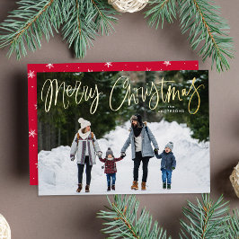ファンタジックな筆記体 赤 メリークリスマス 写真 箔シーズンカード